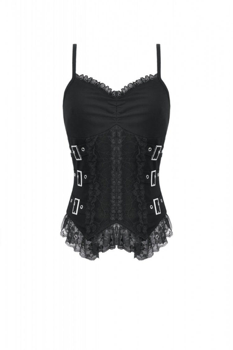Black Women's Gothic Vintage Multi-Layered Buckled Straps Sheer Lace Patchwork Tank Top - Product - 3