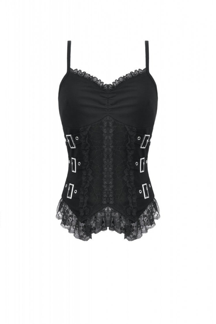 Black Women's Gothic Vintage Multi-Layered Buckled Straps Sheer Lace Patchwork Tank Top - Product - 3