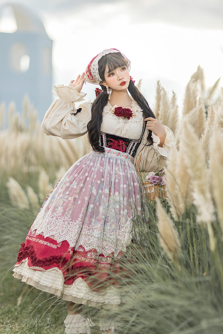Wine Red [Ode to Plenty] Berries and Birds Print Ruffle Bowknot Velvet Classic Lolita Breast Support Jsk Dress - Product - 7