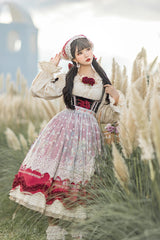 Wine Red [Ode to Plenty] Berries and Birds Print Ruffle Bowknot Velvet Classic Lolita Breast Support Jsk Dress - Product - 7