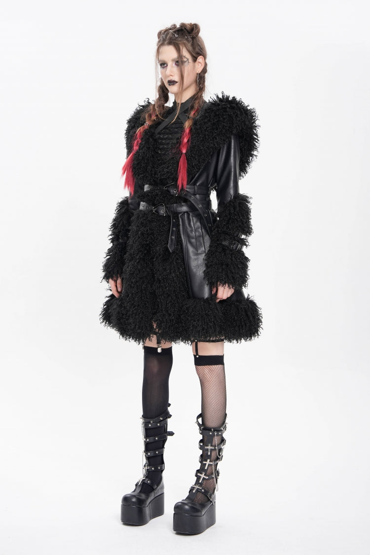 Black Long Sleeves Plush Stitching Buckle Hooded Straps Women's Punk Coat - Product - 8