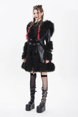 Black Long Sleeves Plush Stitching Buckle Hooded Straps Women's Punk Coat - Product - 8