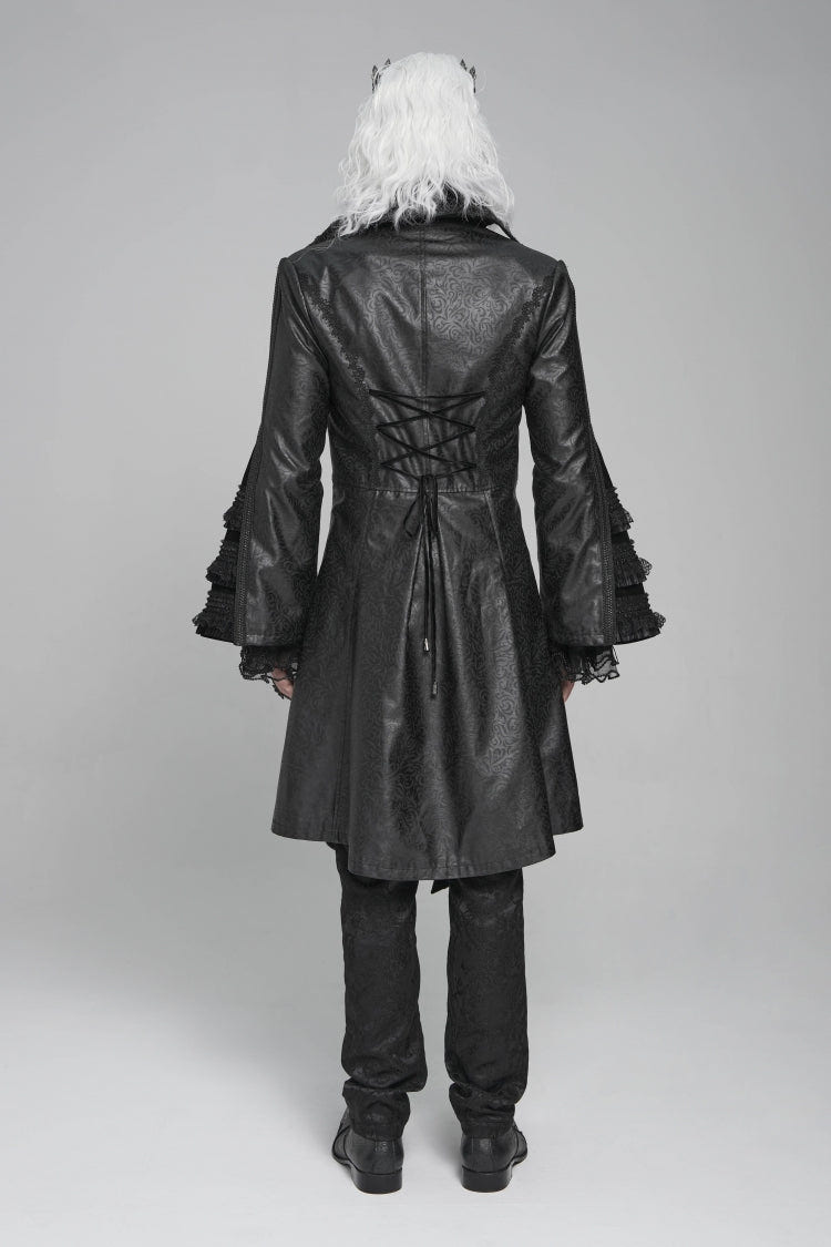 Black Long Trumpet Sleeves Floral Crochet Embroidery Lace-Up Men's Gothic Coat - Product - 2