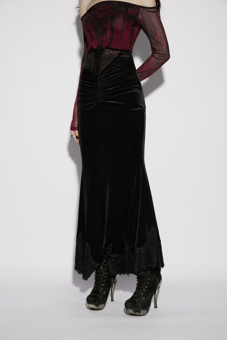 Black Lace Velvet Pleated Women's Gothic Elegant Mermaid Skirt - Product - 4