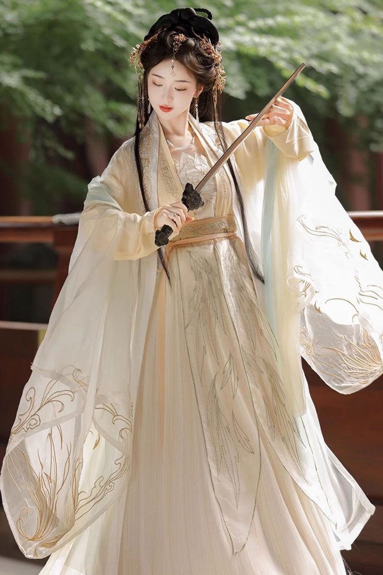 Beige Long Sleeves High Waisted Jacquard Print Embroidery Women's Sweet Hanfu Dress Full Set - Product - 5