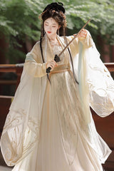Beige Long Sleeves High Waisted Jacquard Print Embroidery Women's Sweet Hanfu Dress Full Set - Product - 5