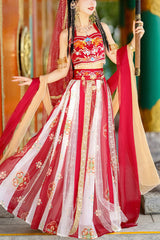 Red Elegant Print Embroidery High Waisted Sleeveless Hanfu Dress Full Set - Red - 1