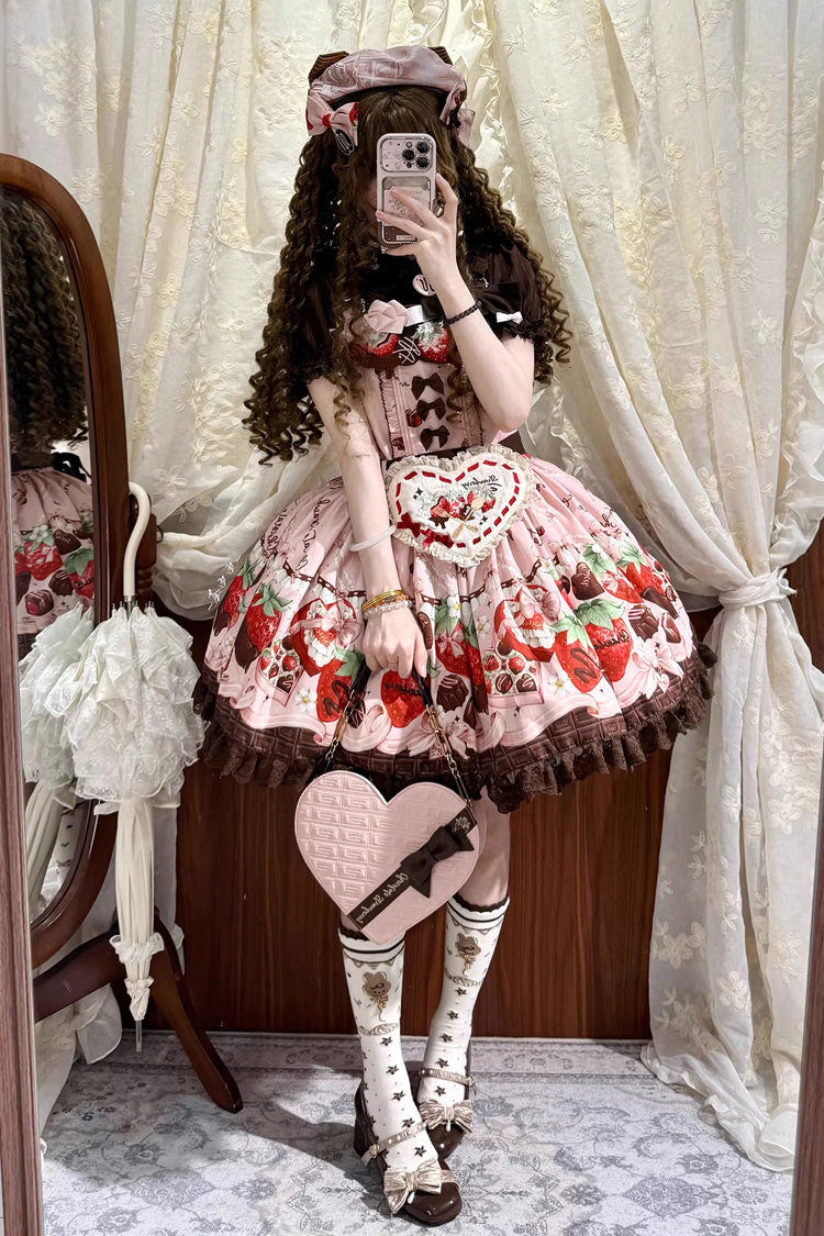 Pink [Strawberry Chocolate Lover] Sleeveless Printed Ruffled Embroidered Bow Lace Sweet Lolita Strap Dress - Product - 6