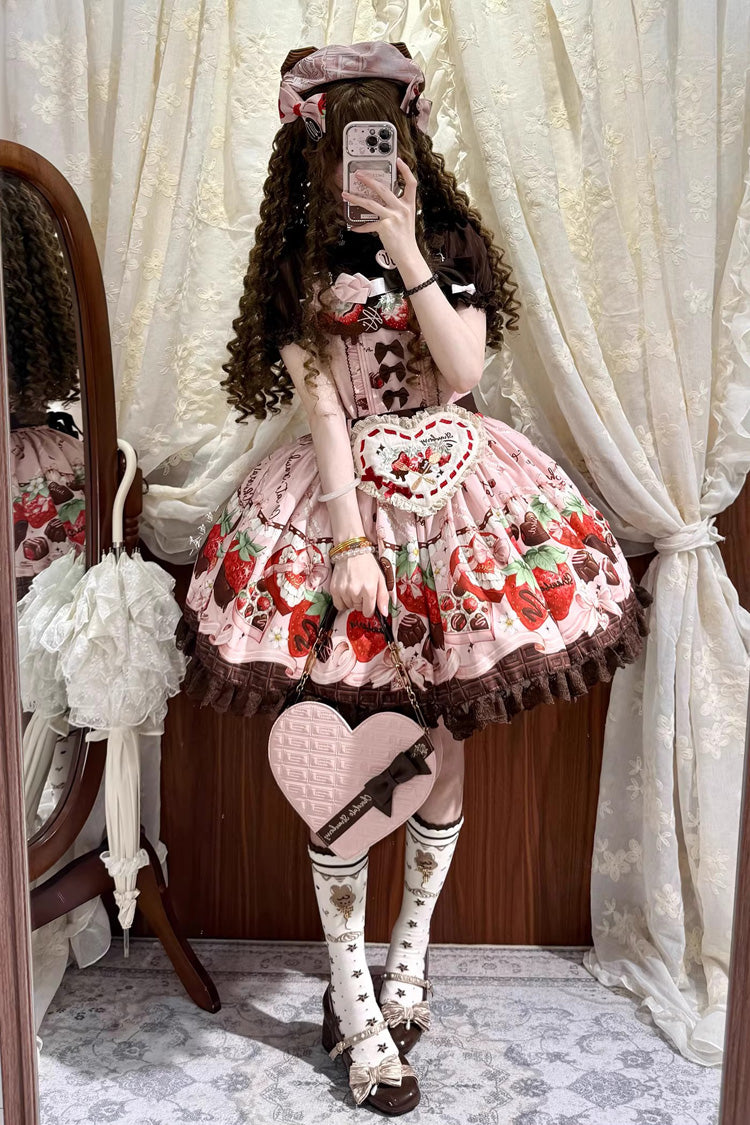 Pink [Strawberry Chocolate Lover] Sleeveless Printed Ruffled Embroidered Bow Lace Sweet Lolita Strap Dress - Product - 6