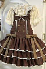 Brown Sleeveless Triple-Layered Printed Ruffled Bow Sweet Lolita Strap Dress - Product - 3