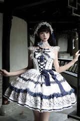 White/Blue [Mandarin Duck Rhapsody] Sleeveless Porcelain Printed Ruffled Bow Lace Chinese Style Sweet Lolita Jsk Dress - Product - 4