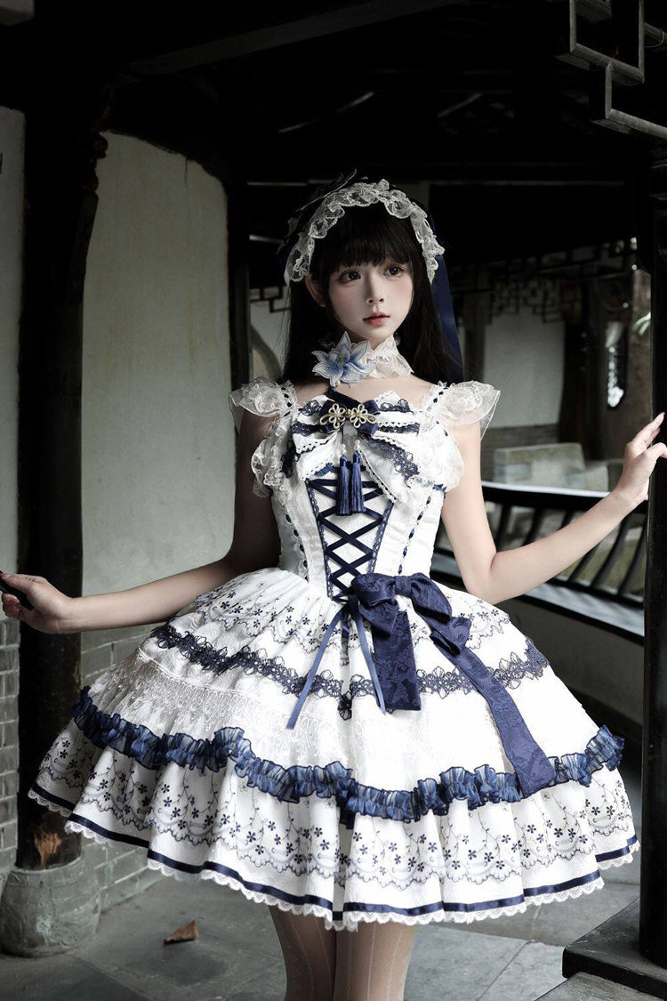 White/Blue [Mandarin Duck Rhapsody] Sleeveless Porcelain Printed Ruffled Bow Lace Chinese Style Sweet Lolita Jsk Dress - Product - 4