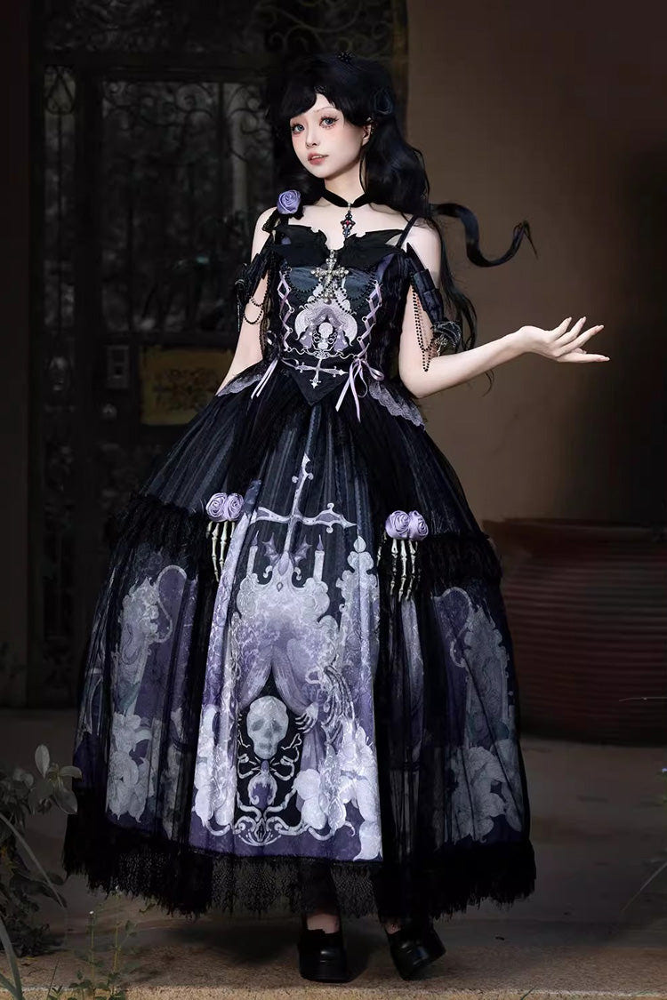 Black/Blue [Skull Magic] Print Ruffle Bowknot Gothic Elegant Lolita Skirt Two-Piece Set - Product - 9