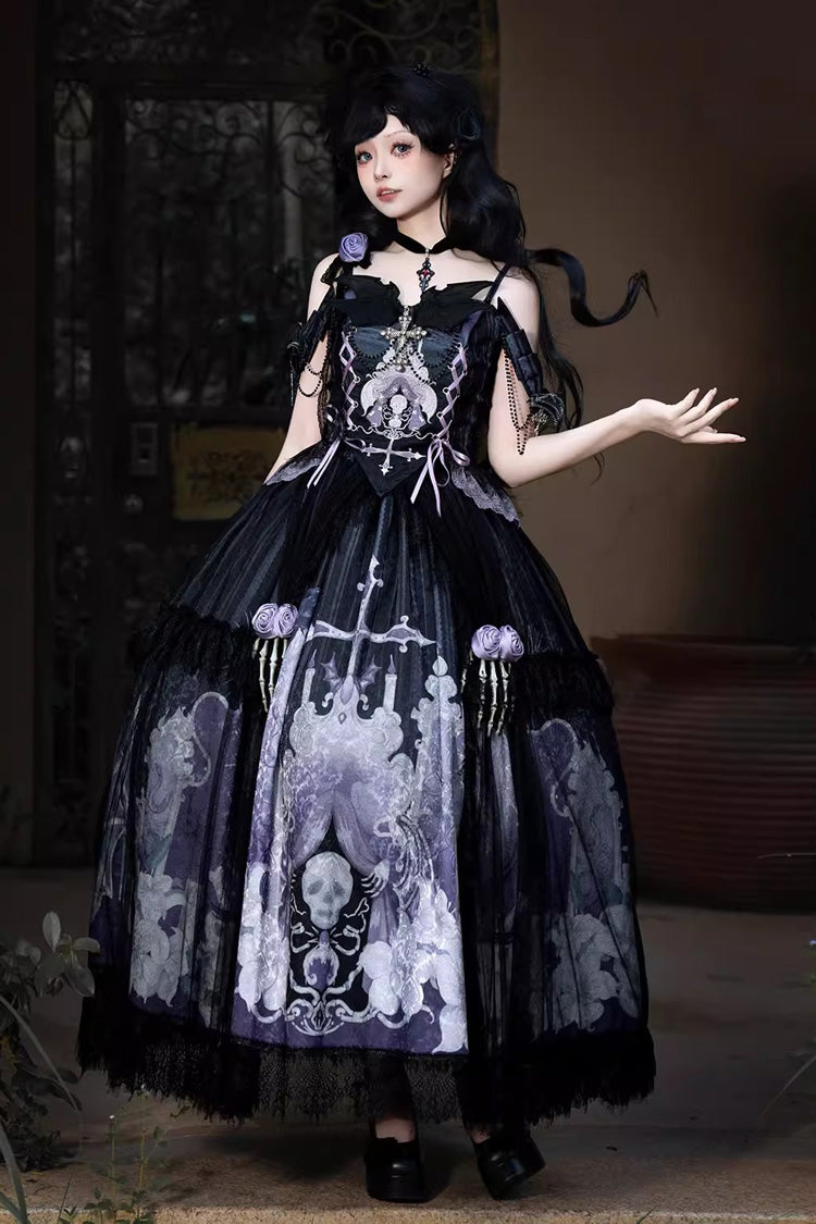 Black/Blue [Skull Magic] Print Ruffle Bowknot Gothic Elegant Lolita Skirt Two-Piece Set - Product - 9