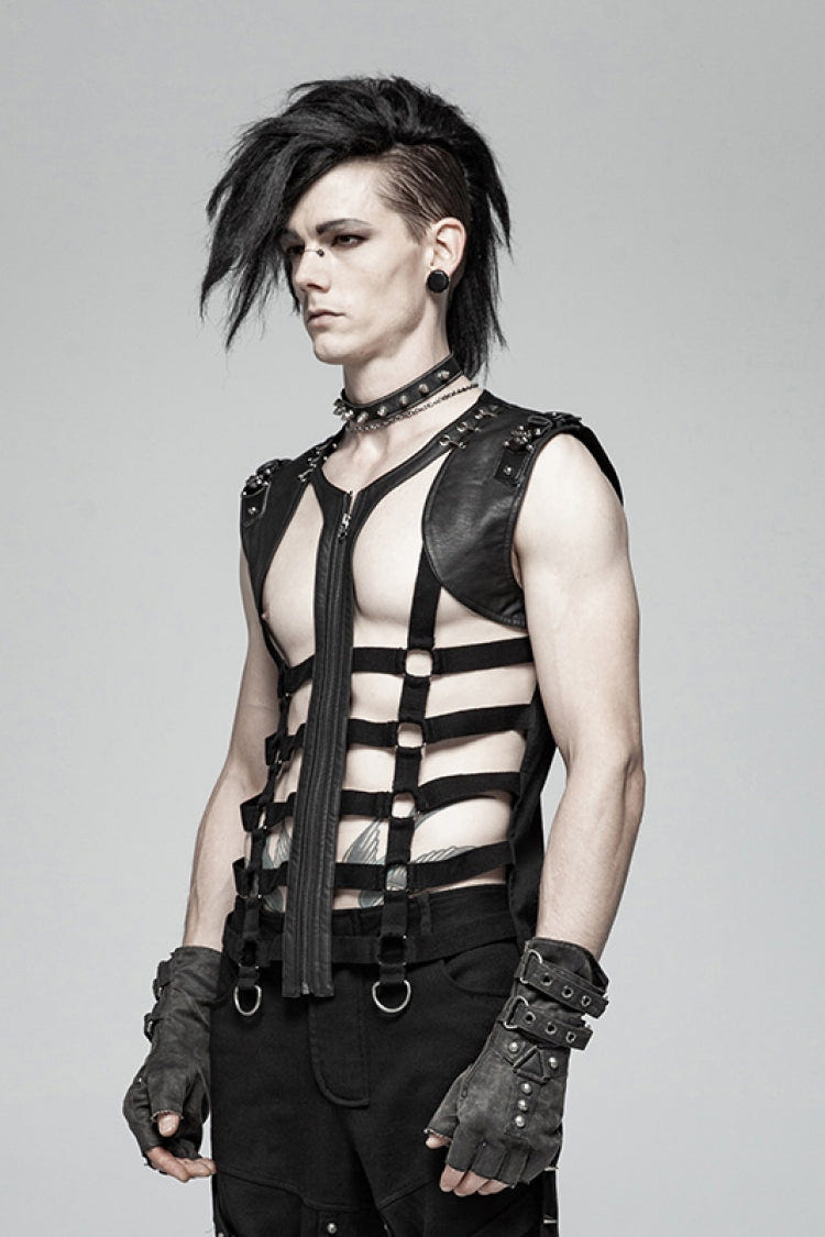 Black Sleeveless Metal Buckles Hollow Faux Leather Men's Steampunk Vest - Product - 2