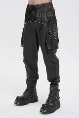 Black Tie Dyed Splice Hand Painted Waist Drawstring Men's Gothic Pants - Product - 2