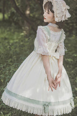 White/Green Country Style Daisy Poem Elegant Boat Neck High Waisted Sweet Lolita Jsk Dress - Product - 7