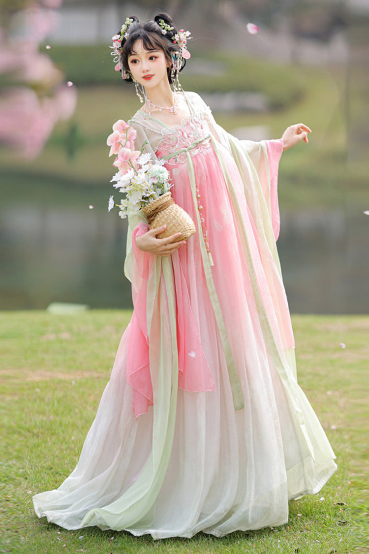 Pink/Green [Spring Awakening] High Waisted Embroidered Women's Sweet Hanfu Dress Set - Product - 5