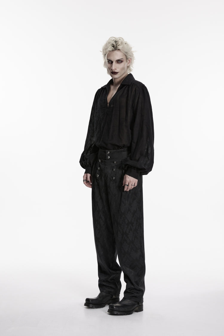 Black Floral Jacquard Men's Gothic Gorgeous Double-breasted Pants - Product - 3
