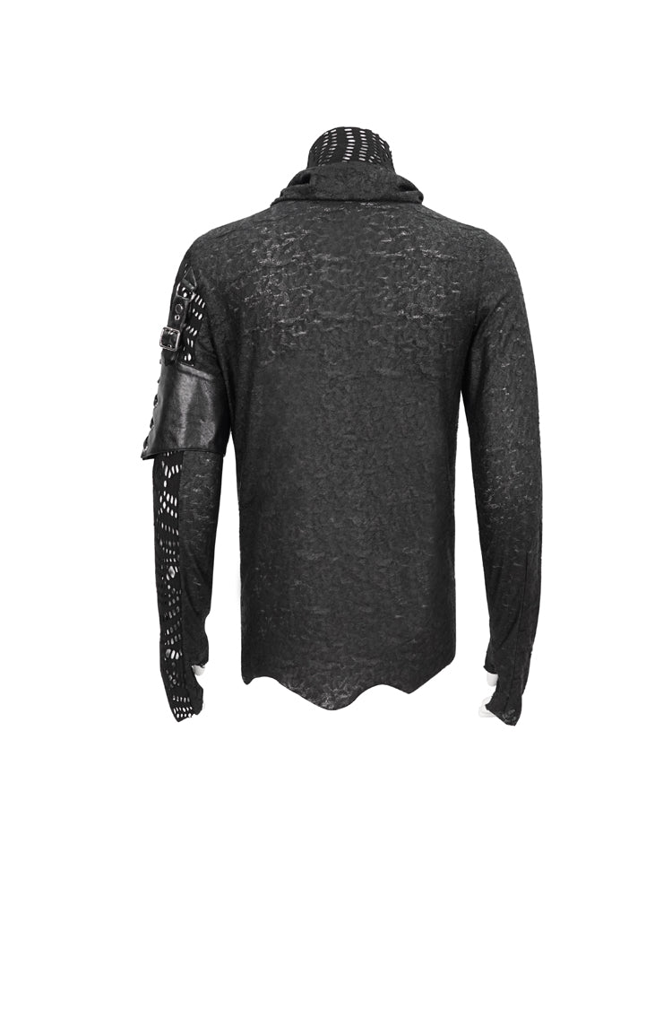 Black Fashion Printed Fabric Stitching Ripped Mesh Detachable Long Sleeve Men's Punk T-Shirt - Product - 9