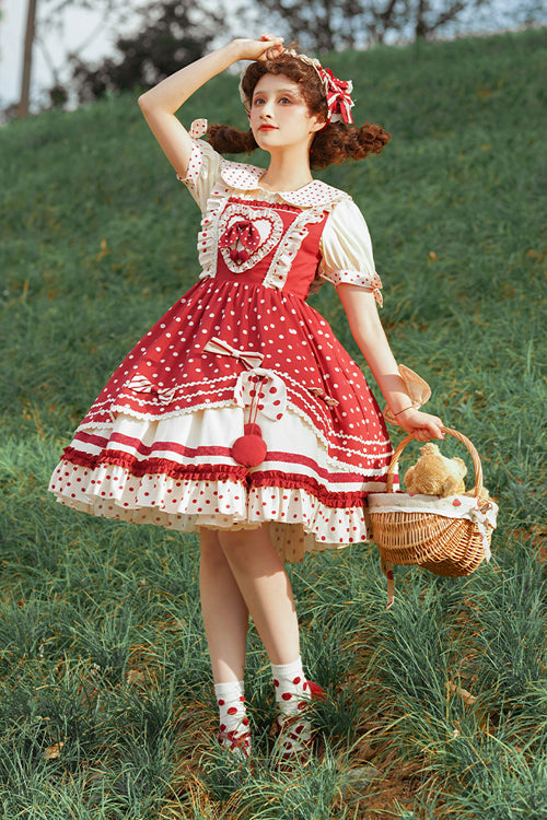Red Polka Dot Print Multi-Layer Ruffled Sweet Lolita JSK Dress - Product - 2
