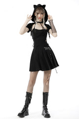 Black Short Sleeves Lace-Up Buckled Women's Punk Cat Ear Hooded Short Cape - Product - 9