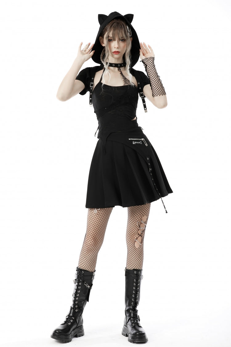 Black Short Sleeves Lace-Up Buckled Women's Punk Cat Ear Hooded Short Cape - Product - 9