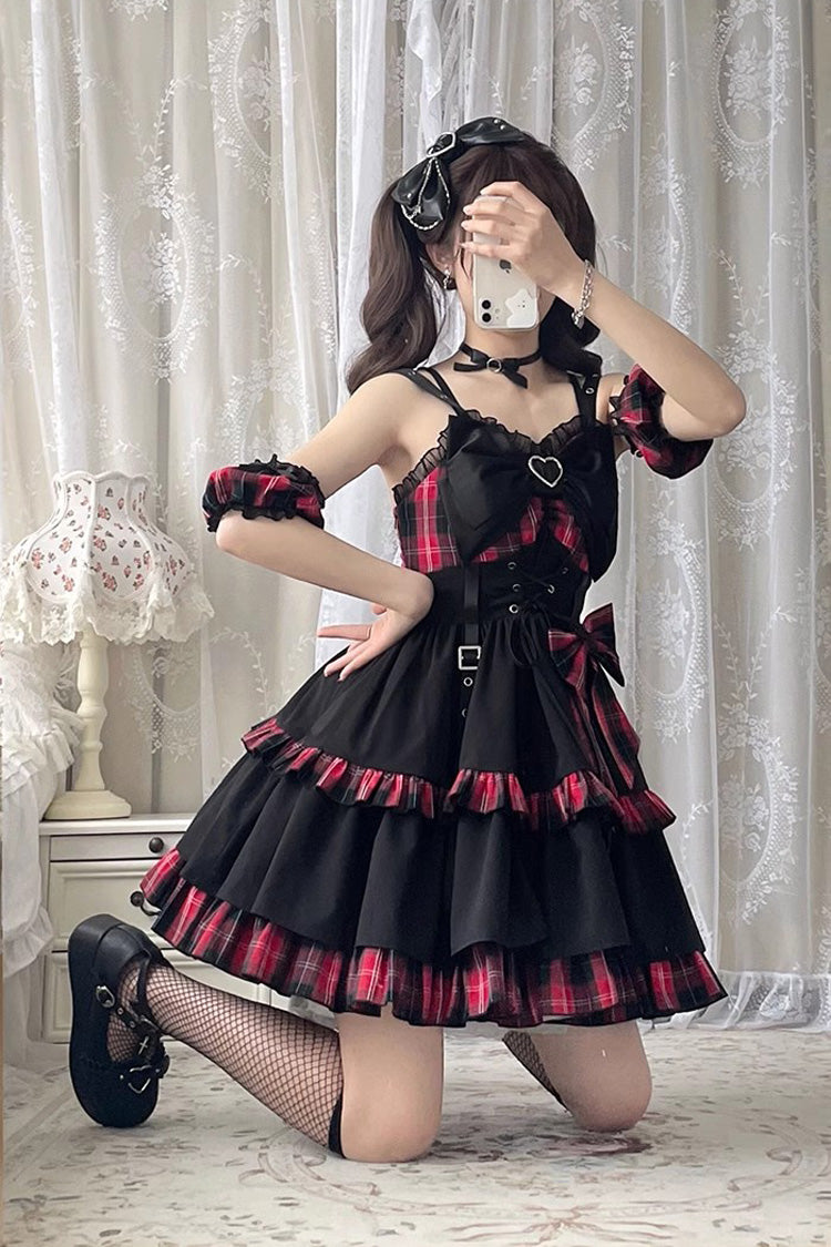 Black/Red Plaid Print Color Contrast Leather Buckle Bowknot Ruffle Gothic Lolita JSK Dress - Product - 5