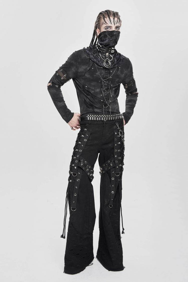 Black Long Sleeves Cutout Rivets Chain Men's Punk Blouse - Product - 8