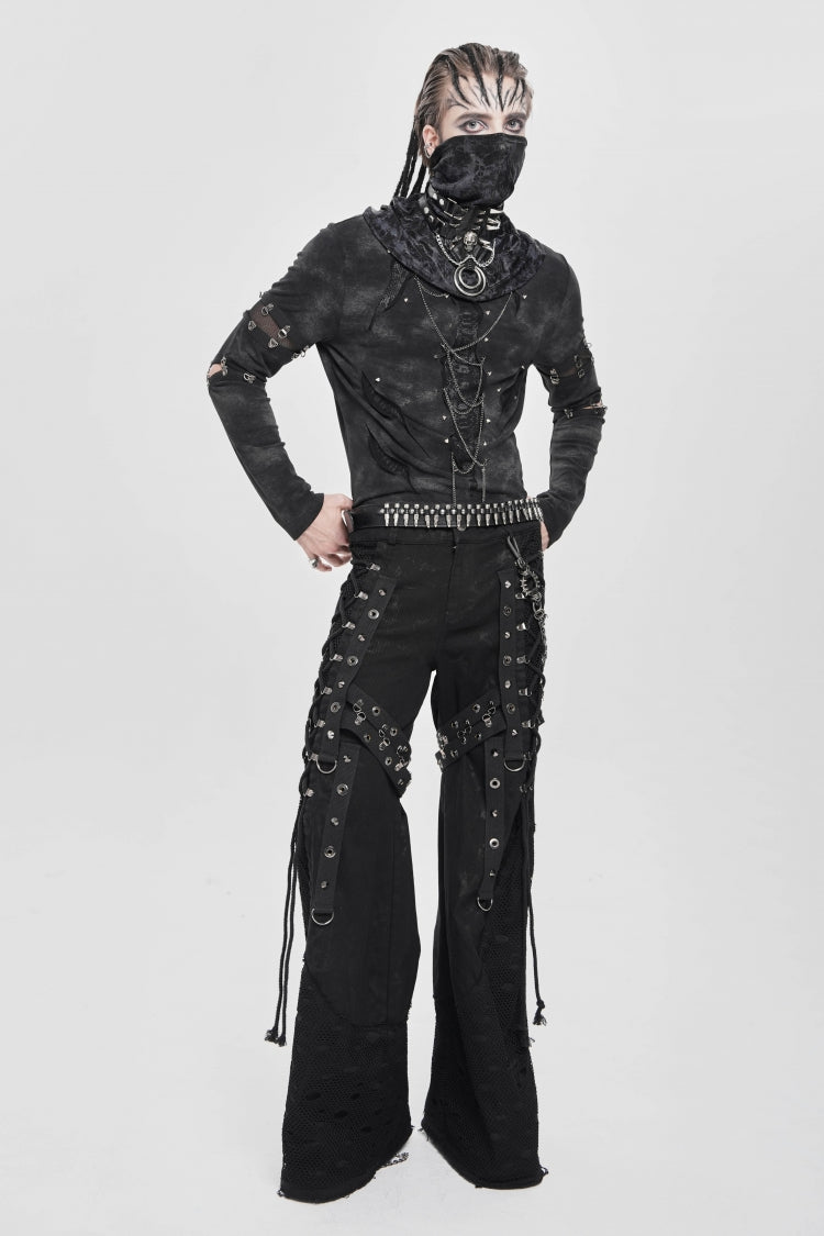 Black Long Sleeves Cutout Rivets Chain Men's Punk Blouse - Product - 8