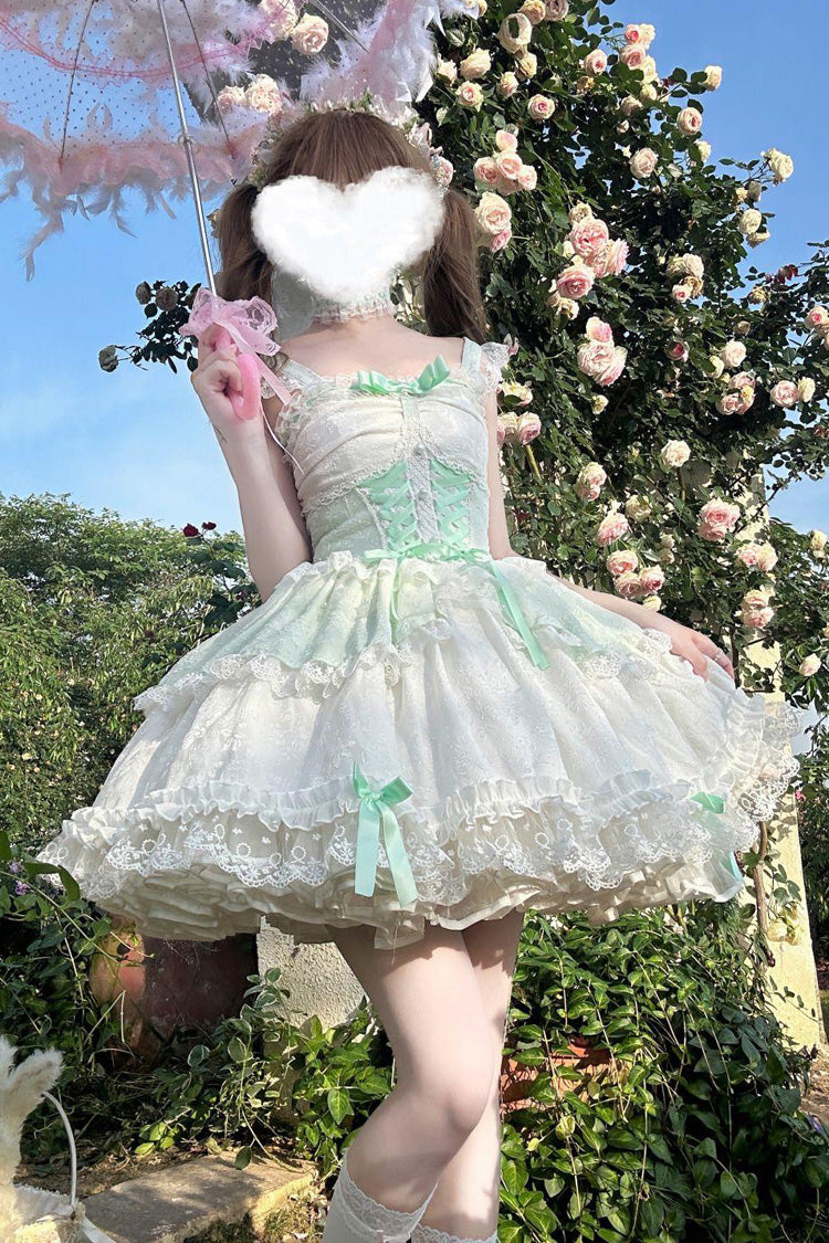 Green [Leiffu] Sleeveless Ruffle Bowknot Lace Lace-Up Sweet Ballet Lolita Jsk Dress - Green - 1