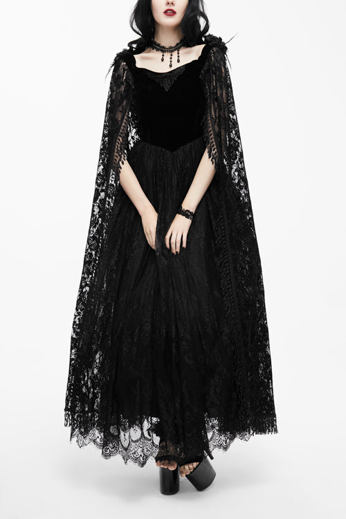 Black Feather And Flowers Off Collar Sexy Long Velvet Womens Gothic Dress With Lace Shawl - Black - 1