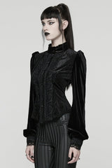 Black Stand Collar Long Puff Sleeves Floral Embroidered Lace-Up Women's Gothic Blouse - Product - 2
