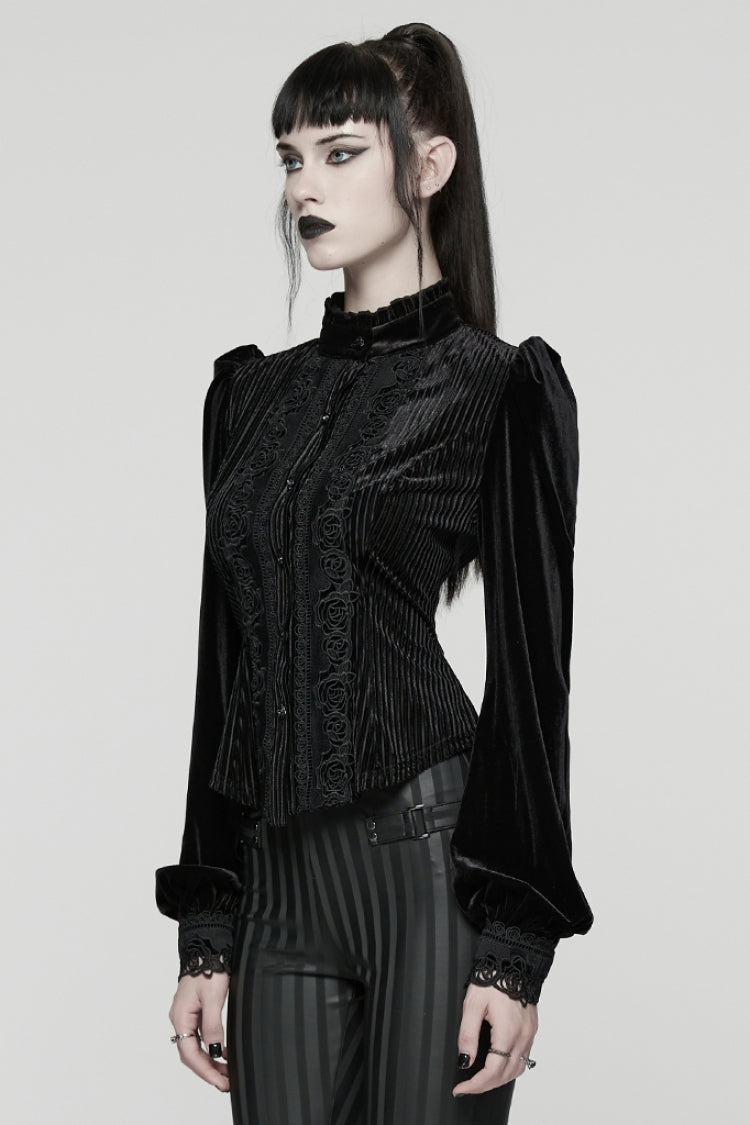Black Stand Collar Long Puff Sleeves Floral Embroidered Lace-Up Women's Gothic Blouse - Product - 2