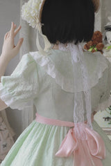 Green Short Sleeves Rose Print Ruffle Bowknot Sweet Lolita Dress - Product - 4