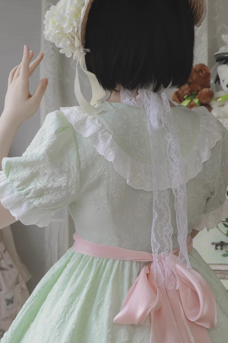 Green Short Sleeves Rose Print Ruffle Bowknot Sweet Lolita Dress - Product - 4