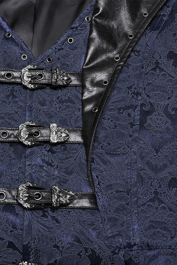 Black/Blue Lapel V-neck Sleeveless Jacquard Buckle Men's Gothic Vest - Product - 6