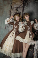 Brown/Beige [Nutcracker] Stand Collar Long Trumpet Sleeves Ruffle Cardigan Bowknot Lace-Up Sweet Lolita Dress Set 2 Versions - Product - 2
