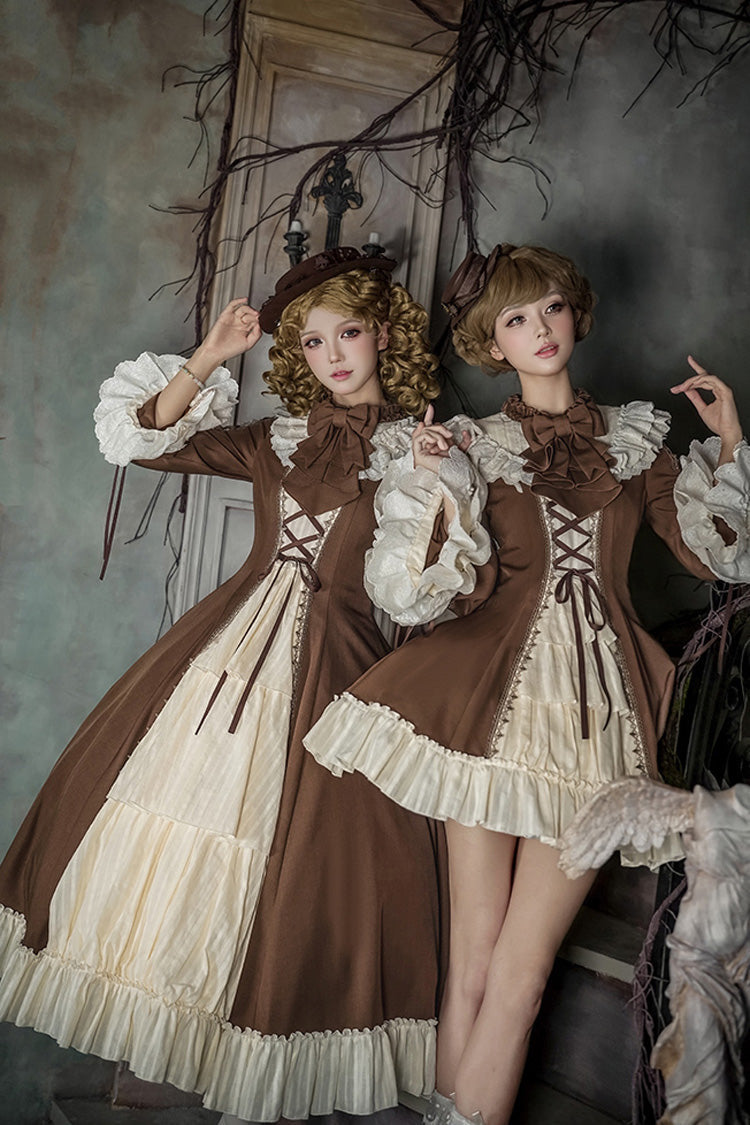 Brown/Beige [Nutcracker] Stand Collar Long Trumpet Sleeves Ruffle Cardigan Bowknot Lace-Up Sweet Lolita Dress Set 2 Versions - Product - 2