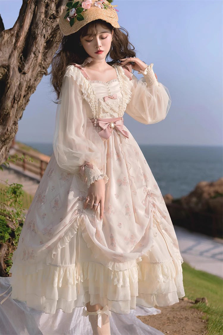 Ivory Time Letter Multi-layer Print Ruffle Bowknot Daily Sweet Elegant Lolita Dress - Ivory - 1