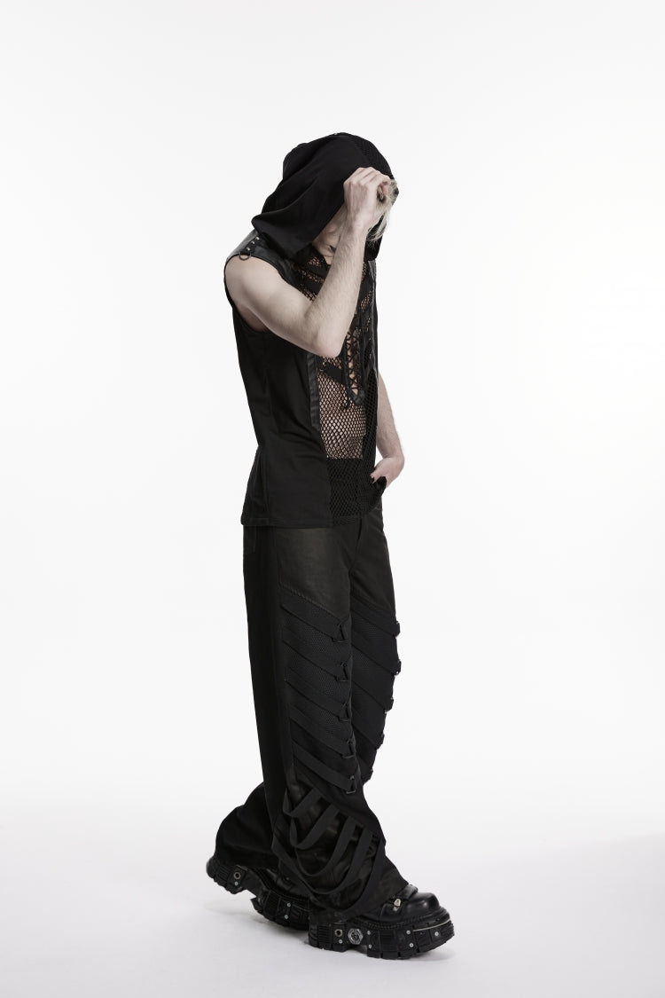 Black Multi-Layered Mesh Eyelet Men's Punk Cool Strappy Pants - Product - 6