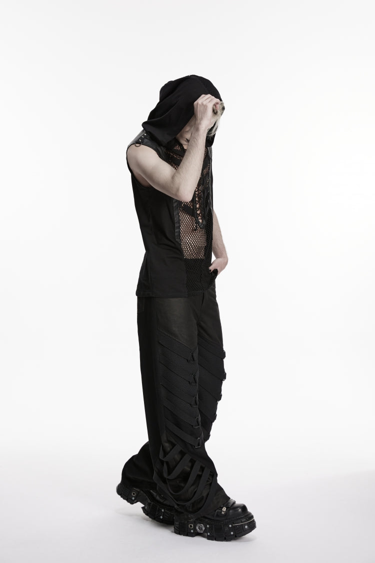 Black Multi-Layered Mesh Eyelet Men's Punk Cool Strappy Pants - Product - 6