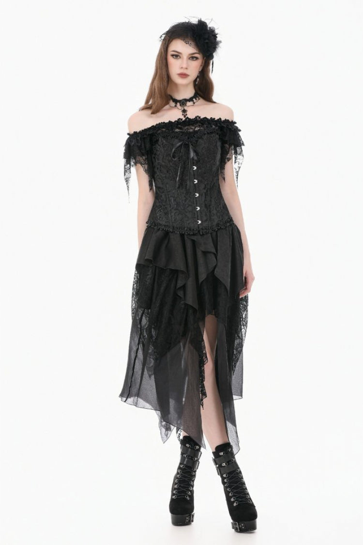 Black Jacquard Ruffled Lace Lace-Up Women's Gothic Overbust Corset - Product - 8