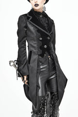Black Front Decals Metal Button Lace-Up Cuff Dovetail Hem Striped Jacquard Women's Gothic Coat - Black - 1