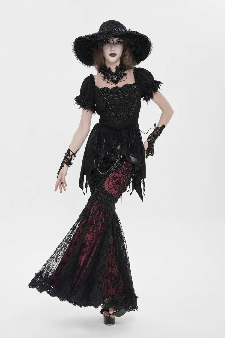 Black/Red Double-Layered Embroidered Lace Slim Pearl-Decorated Women's Gothic Skirt - Black/Red - 1