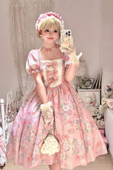 Pink Gem Rose Print Short Puff Sleeves Ruffle Bowknot Sweet Plus Size Lolita Dress - Pink - 1