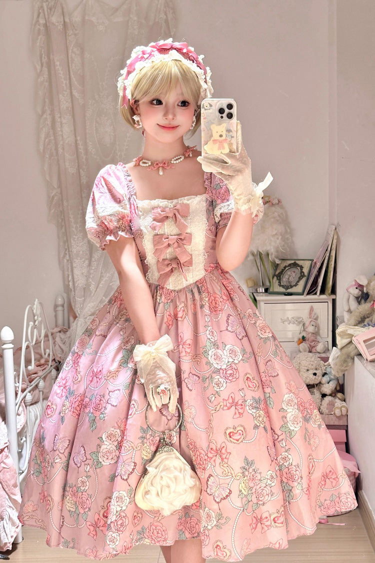 Pink Gem Rose Print Short Puff Sleeves Ruffle Bowknot Sweet Plus Size Lolita Dress - Pink - 1