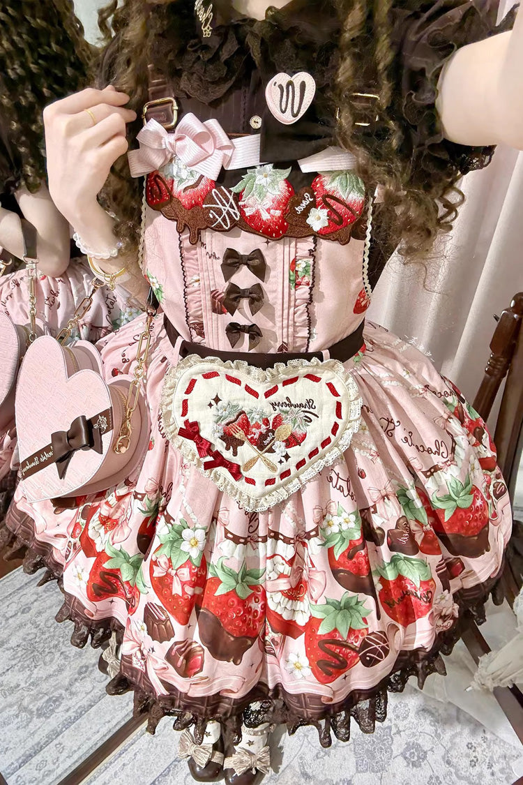 Pink [Strawberry Chocolate Lover] Sleeveless Printed Ruffled Embroidered Bow Lace Sweet Lolita Strap Dress - Product - 15