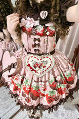 Pink [Strawberry Chocolate Lover] Sleeveless Printed Ruffled Embroidered Bow Lace Sweet Lolita Strap Dress - Product - 15
