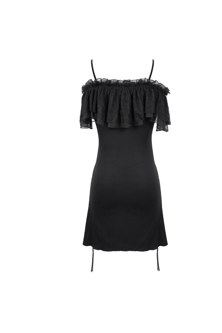 Black Lace Up Off Shoulder Chest Frilly Side Women's Punk T-Shirt - Product - 9